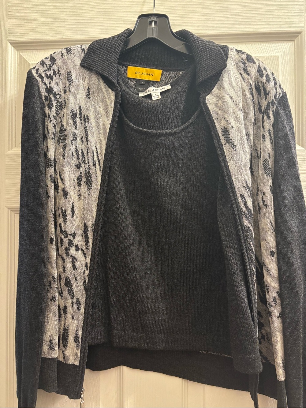 St. John Black Knit Bomber Jacket with Silver Gray Pattern Panels